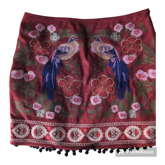 Altar'd State Red Mini Skirt Size Small Linen Blend Floral Bird Embroidered Boho - Picture 1 of 10
